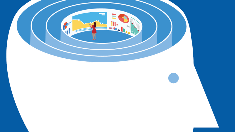 Drawing of head with top off and rings inside with center section as a display screen with woman making notes